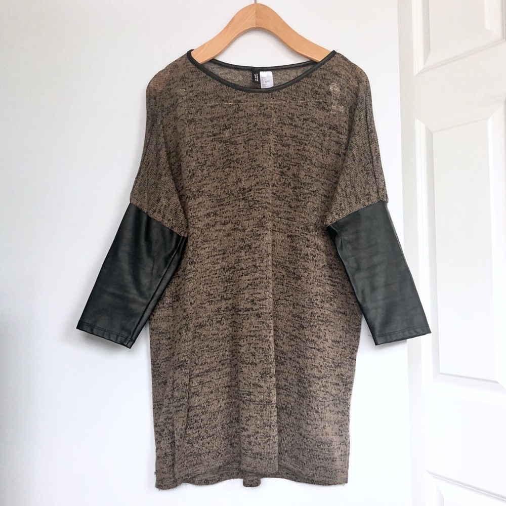 H&M Tunic Top Taupe Faux Black Leather 3/4 Sleeves